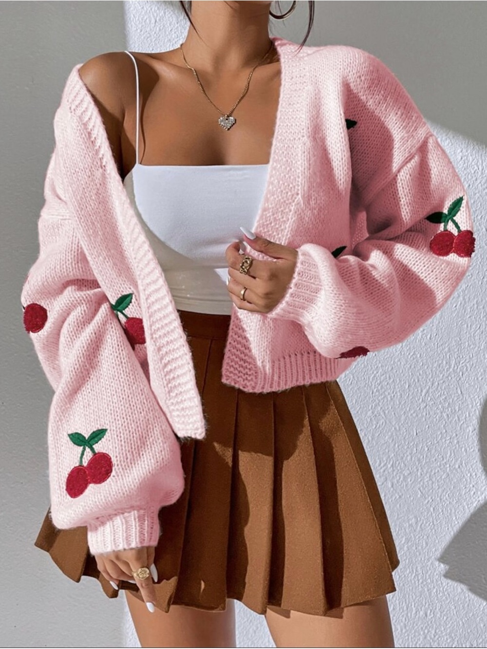 SHEIN Pink Cherry Knit Open-Front Cardigan